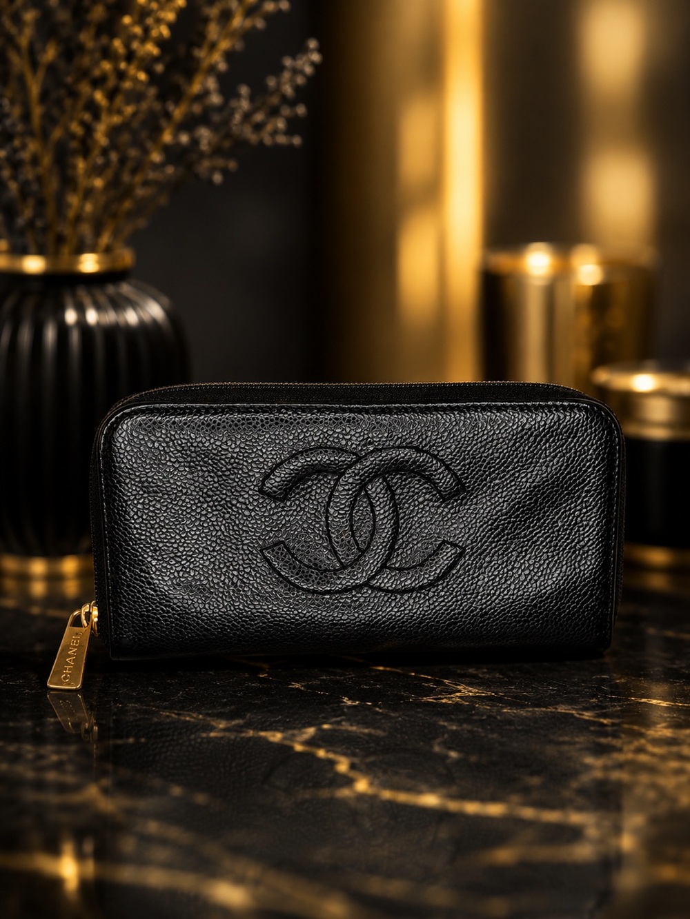 Chanel Black Caviar Leather Zip Around Long Wallet Gold CC Logo